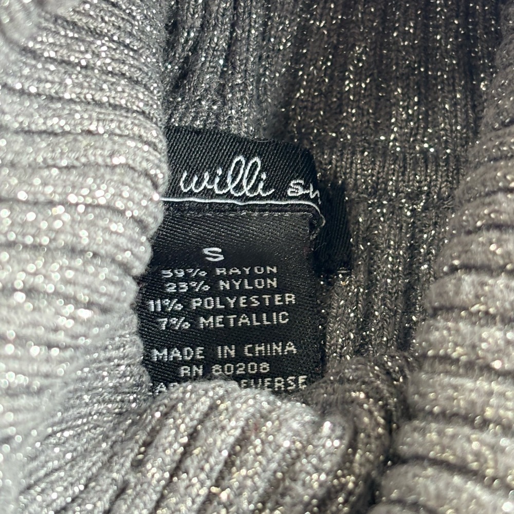 BN13 Willi Smith Glittery Charcoal Turtleneck Babydoll Blouse Bell Sleeve Small - Picture 5 of 6